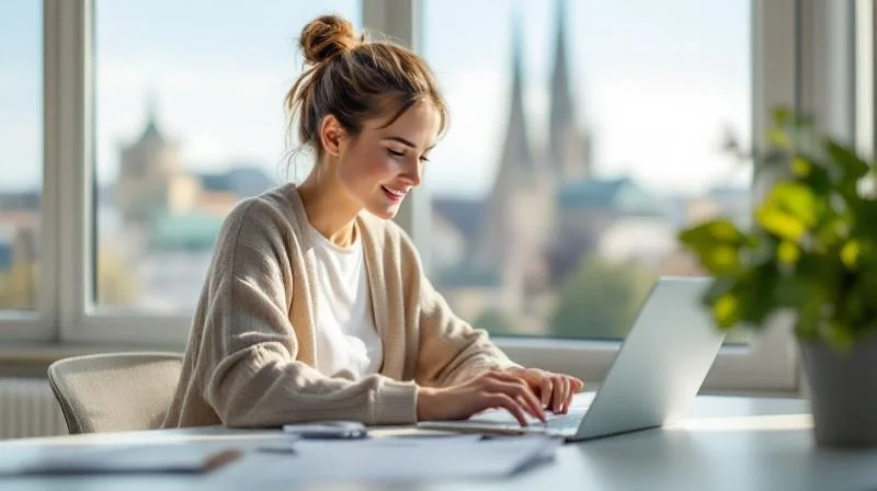 Frau sitzt in einem hellen Buero in Ulm und fuellt Formulare am Laptop aus