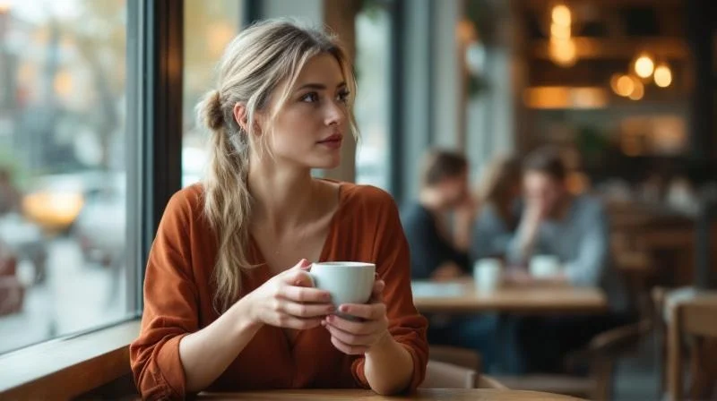 Frau in einem Cafe in Ulm liest ueber berufliche Fortbildungsmoeglichkeiten