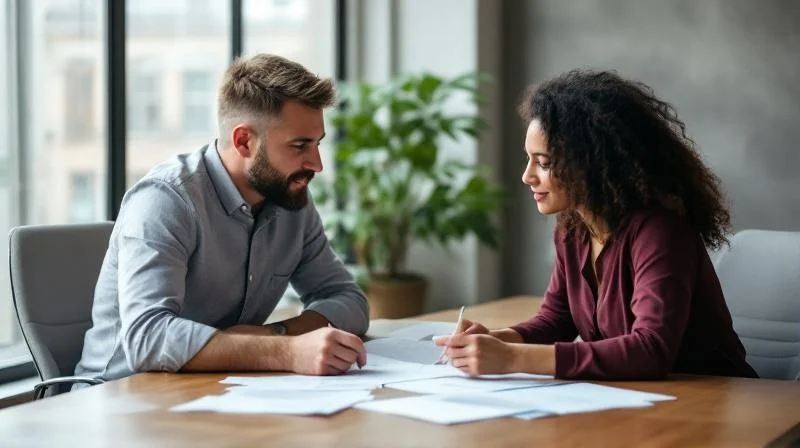 Mann und Frau besprechen Dokumente in einem modernen Buero in Ulm