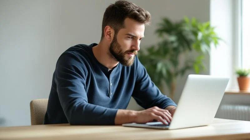 Mann arbeitet konzentriert am Laptop in einem hellen Raum mit Blick auf die Ulmer Altstadt