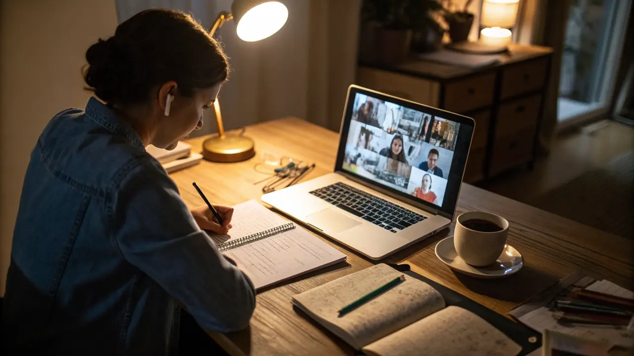 Person lernt abends am Laptop am Schreibtisch mit Notizen und einer Tasse Kaffee